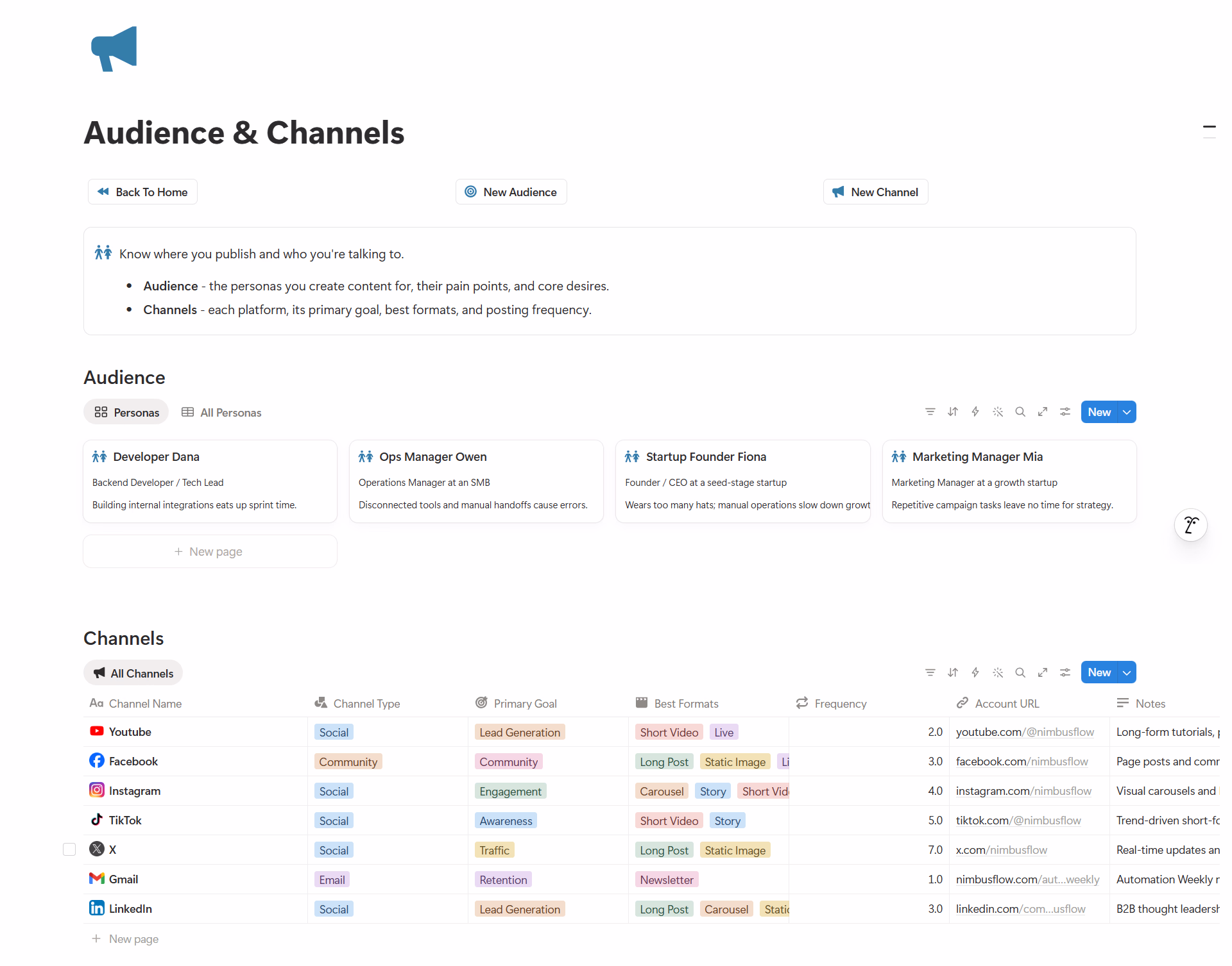 Audience & Channels Database - Content Planner